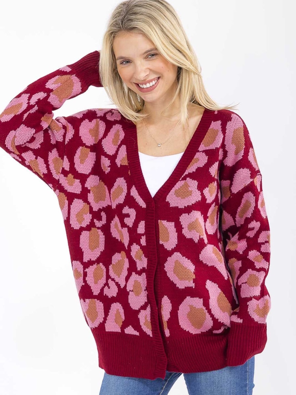 Petal Dew Boutique Oversized Button Sweater Cheetah Mauve Pink Size Small NEW
